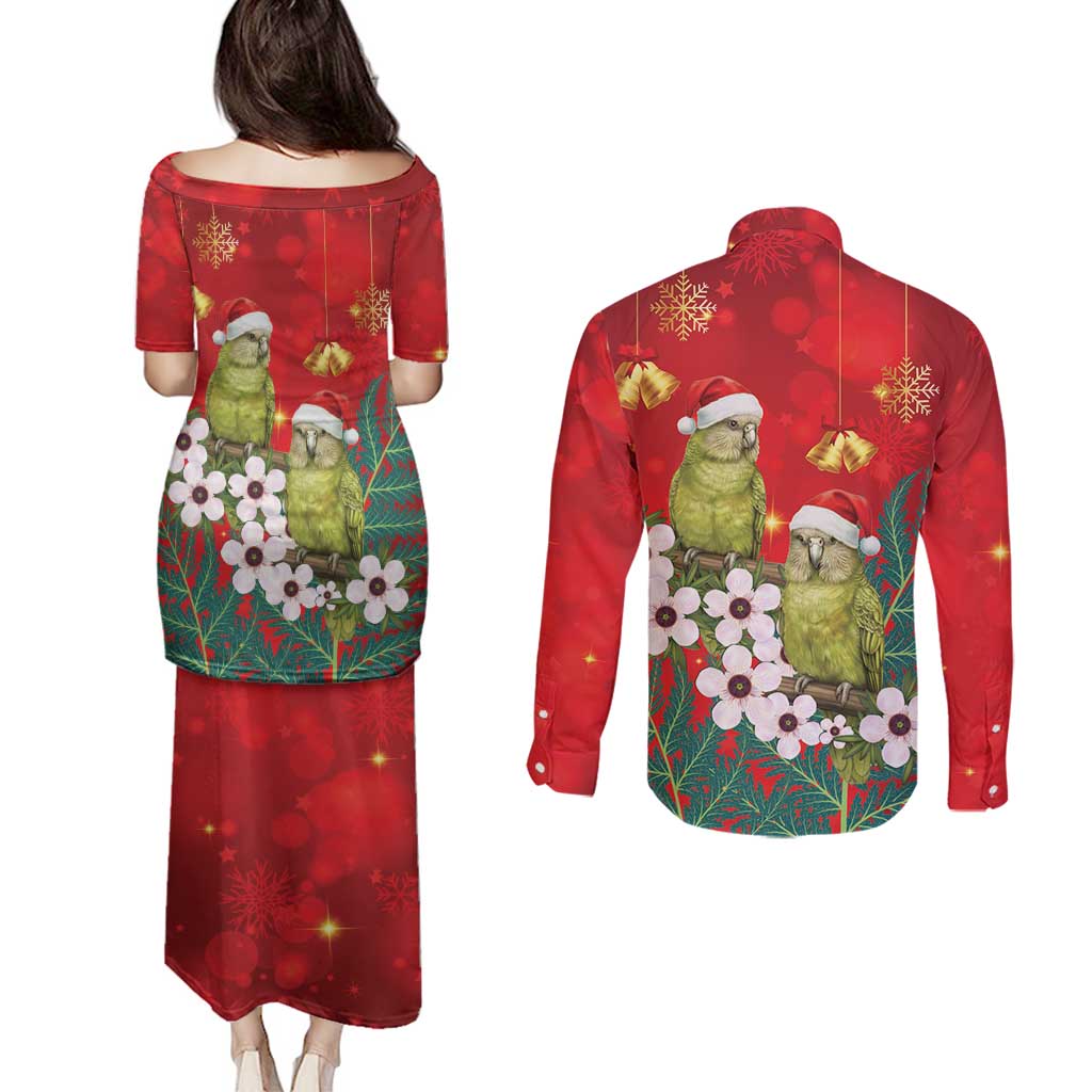 New Zealand Kakapo Christmas Couples Matching Puletasi and Long Sleeve Button Shirt Owl Parrot Santa Sliver Fern Manuka - Red - Polynesian Pride