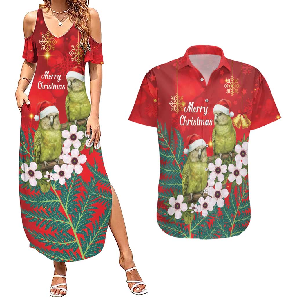 New Zealand Kakapo Christmas Couples Matching Summer Maxi Dress and Hawaiian Shirt Owl Parrot Santa Sliver Fern Manuka - Red - Polynesian Pride