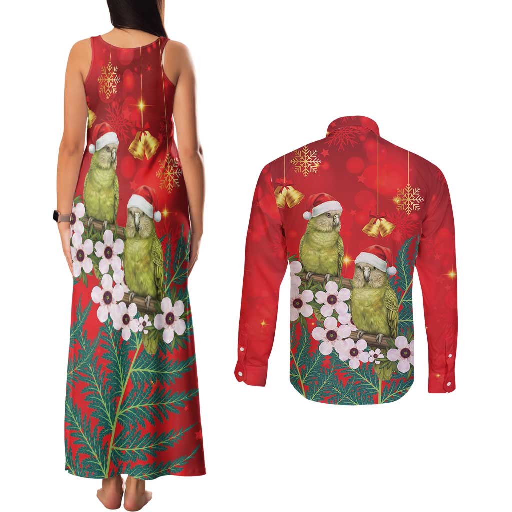 New Zealand Kakapo Christmas Couples Matching Tank Maxi Dress and Long Sleeve Button Shirt Owl Parrot Santa Sliver Fern Manuka - Red - Polynesian Pride