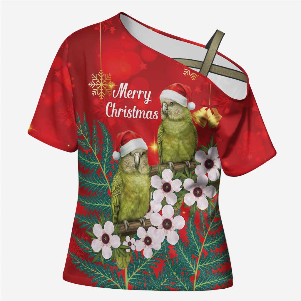 New Zealand Kakapo Christmas Cross Shoulder Shirt Owl Parrot Santa Sliver Fern Manuka - Red - Polynesian Pride