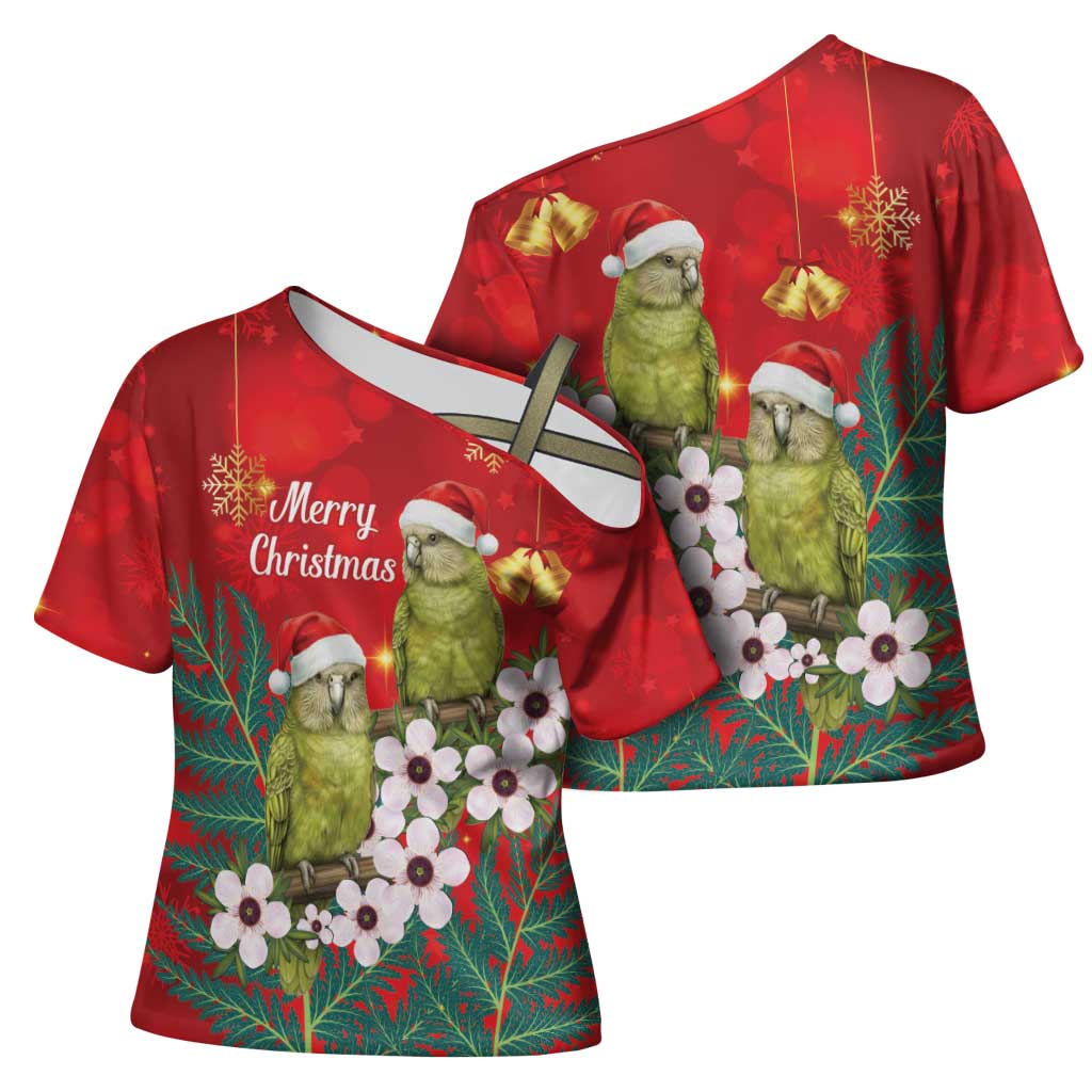 New Zealand Kakapo Christmas Cross Shoulder Shirt Owl Parrot Santa Sliver Fern Manuka - Red - Polynesian Pride