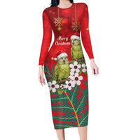 New Zealand Kakapo Christmas Family Matching Long Sleeve Bodycon Dress and Hawaiian Shirt Owl Parrot Santa Sliver Fern Manuka - Red - Polynesian Pride