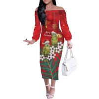 New Zealand Kakapo Christmas Family Matching Off The Shoulder Long Sleeve Dress and Hawaiian Shirt Owl Parrot Santa Sliver Fern Manuka - Red - Polynesian Pride