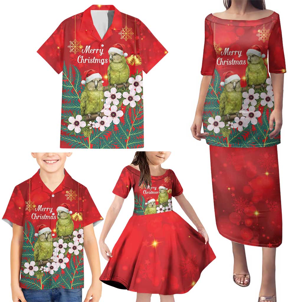 New Zealand Kakapo Christmas Family Matching Puletasi and Hawaiian Shirt Owl Parrot Santa Sliver Fern Manuka - Red - Polynesian Pride