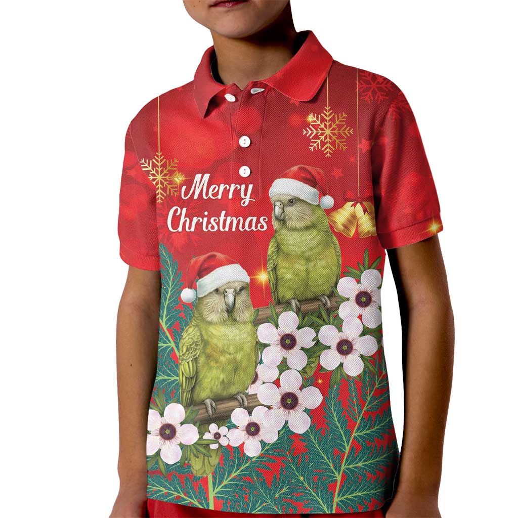 New Zealand Kakapo Christmas Kid Polo Shirt Owl Parrot Santa Sliver Fern Manuka - Red - Polynesian Pride