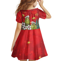 New Zealand Kakapo Christmas Kid Short Sleeve Dress Owl Parrot Santa Sliver Fern Manuka - Red - Polynesian Pride