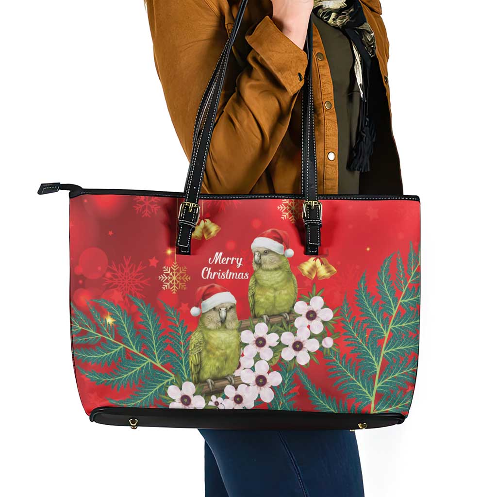 New Zealand Kakapo Christmas Leather Tote Bag Owl Parrot Santa Sliver Fern Manuka - Red - Polynesian Pride