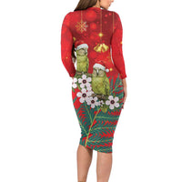 New Zealand Kakapo Christmas Long Sleeve Bodycon Dress Owl Parrot Santa Sliver Fern Manuka - Red - Polynesian Pride