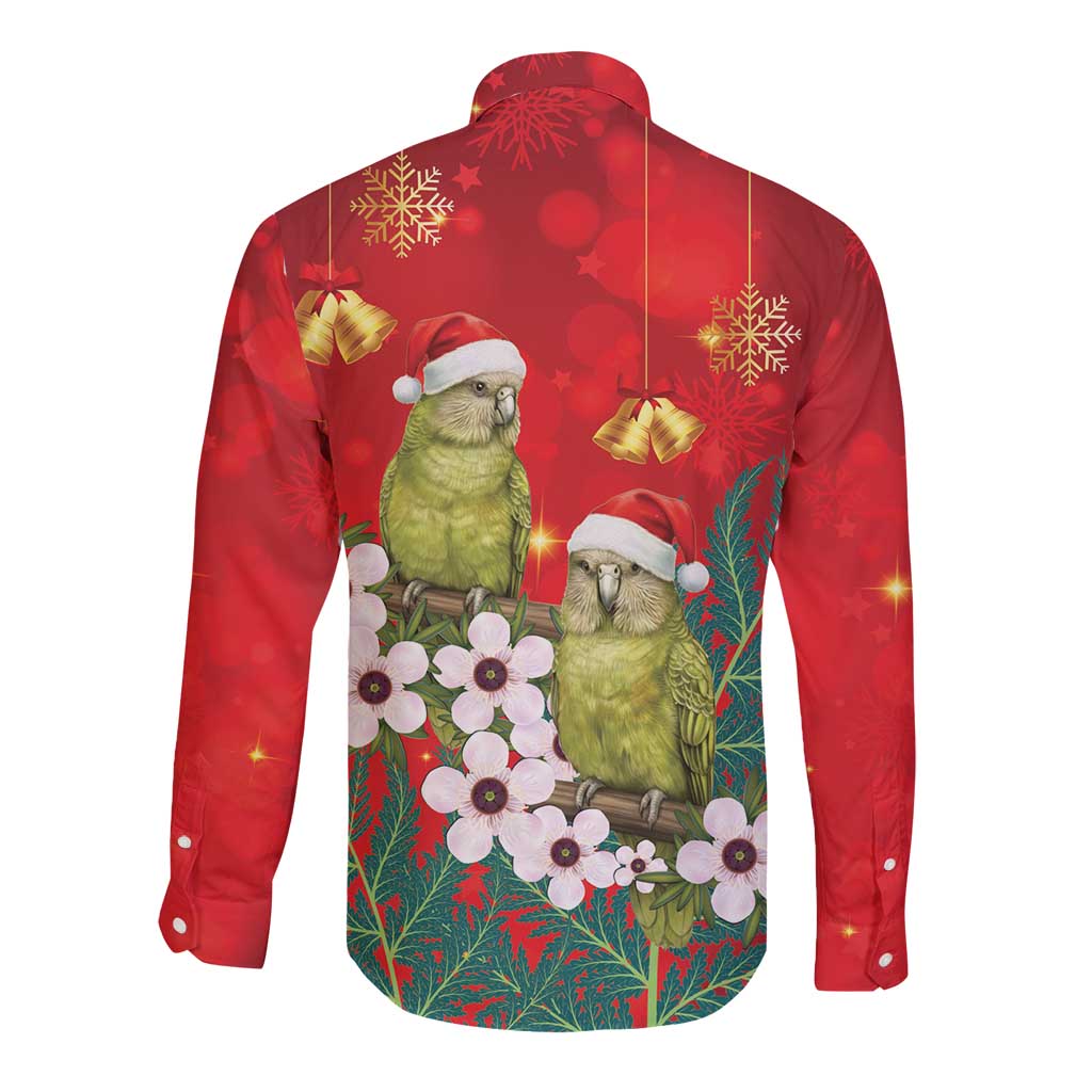 New Zealand Kakapo Christmas Long Sleeve Button Shirt Owl Parrot Santa Sliver Fern Manuka - Red - Polynesian Pride