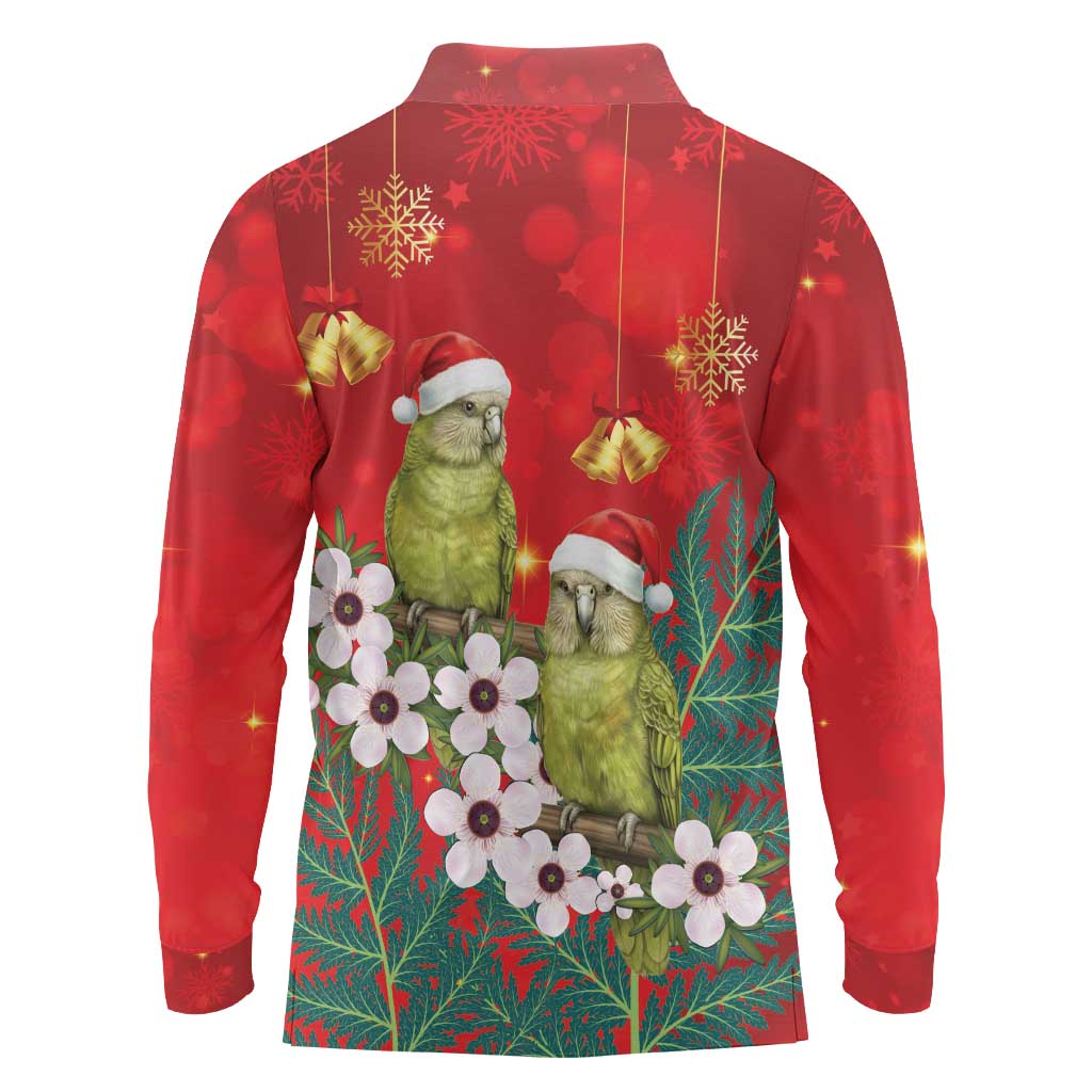 New Zealand Kakapo Christmas Long Sleeve Polo Shirt Owl Parrot Santa Sliver Fern Manuka - Red - Polynesian Pride
