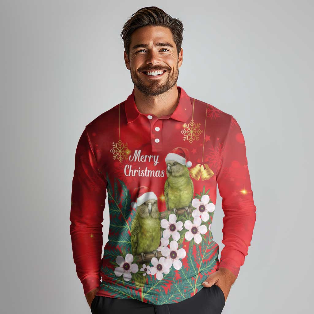 New Zealand Kakapo Christmas Long Sleeve Polo Shirt Owl Parrot Santa Sliver Fern Manuka - Red - Polynesian Pride
