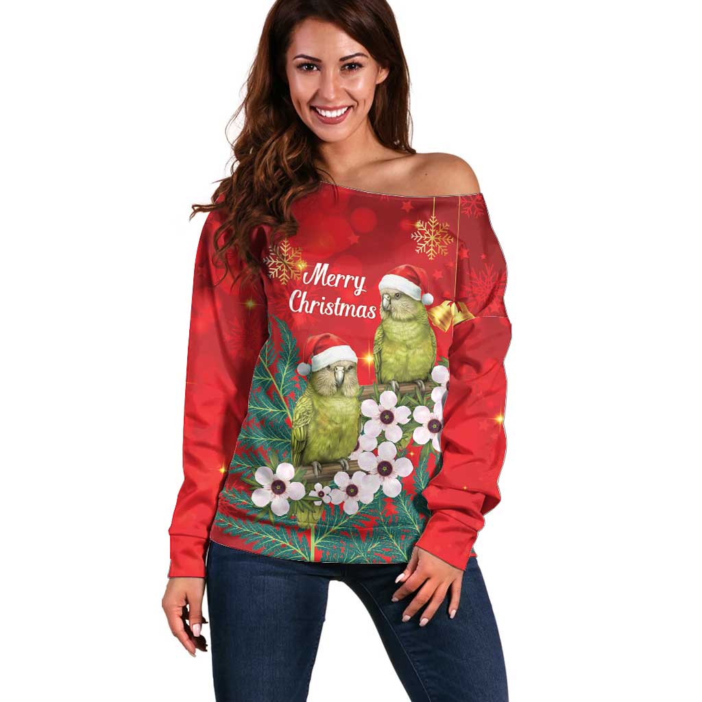 New Zealand Kakapo Christmas Off Shoulder Sweater Owl Parrot Santa Sliver Fern Manuka - Red - Polynesian Pride