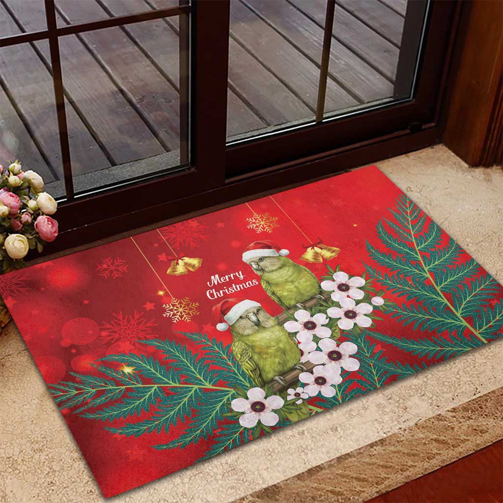 New Zealand Kakapo Christmas Rubber Doormat Owl Parrot Santa Sliver Fern Manuka - Red - Polynesian Pride