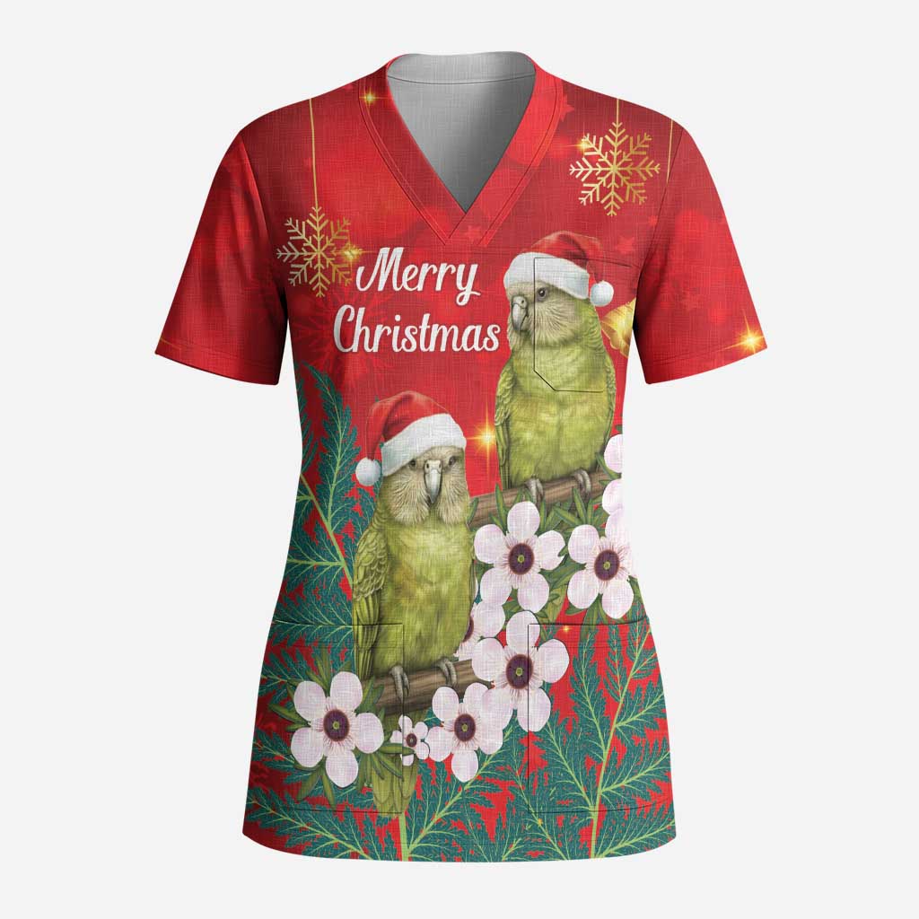 New Zealand Kakapo Christmas Scrub Top Owl Parrot Santa Sliver Fern Manuka - Red - Polynesian Pride