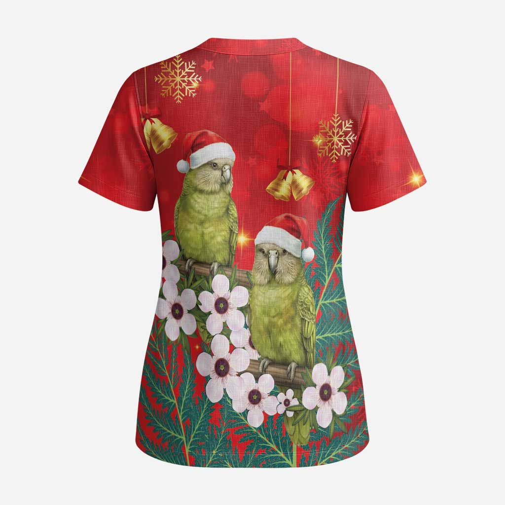 New Zealand Kakapo Christmas Scrub Top Owl Parrot Santa Sliver Fern Manuka - Red - Polynesian Pride