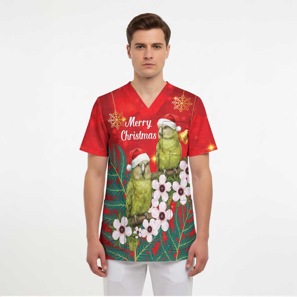New Zealand Kakapo Christmas Scrub Top Owl Parrot Santa Sliver Fern Manuka - Red - Polynesian Pride