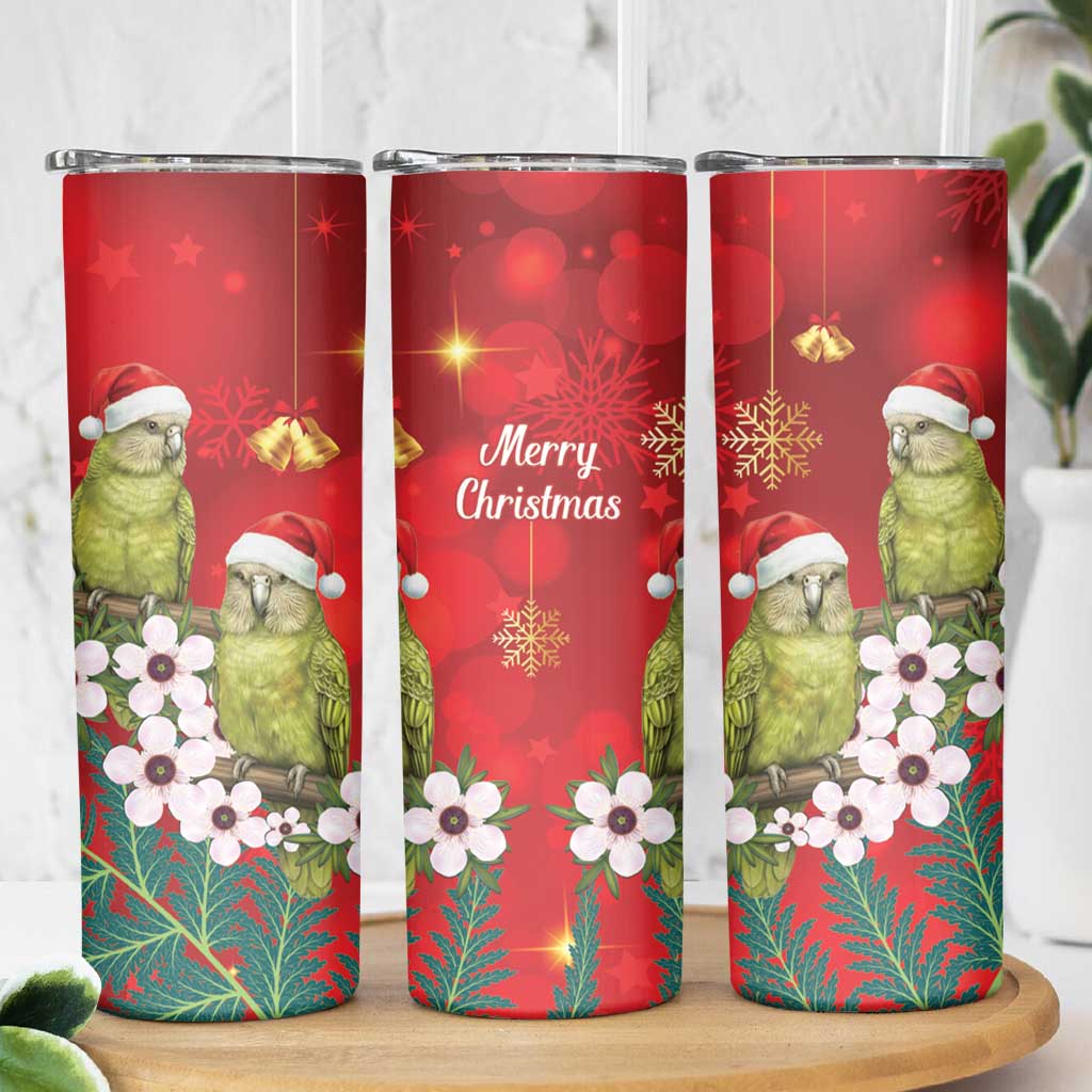 New Zealand Kakapo Christmas Skinny Tumbler Owl Parrot Santa Sliver Fern Manuka - Red - Polynesian Pride