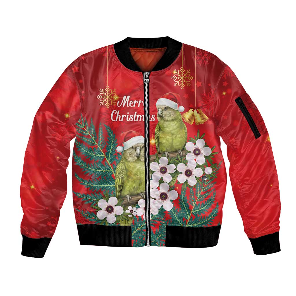 New Zealand Kakapo Christmas Sleeve Zip Bomber Jacket Owl Parrot Santa Sliver Fern Manuka - Red - Polynesian Pride