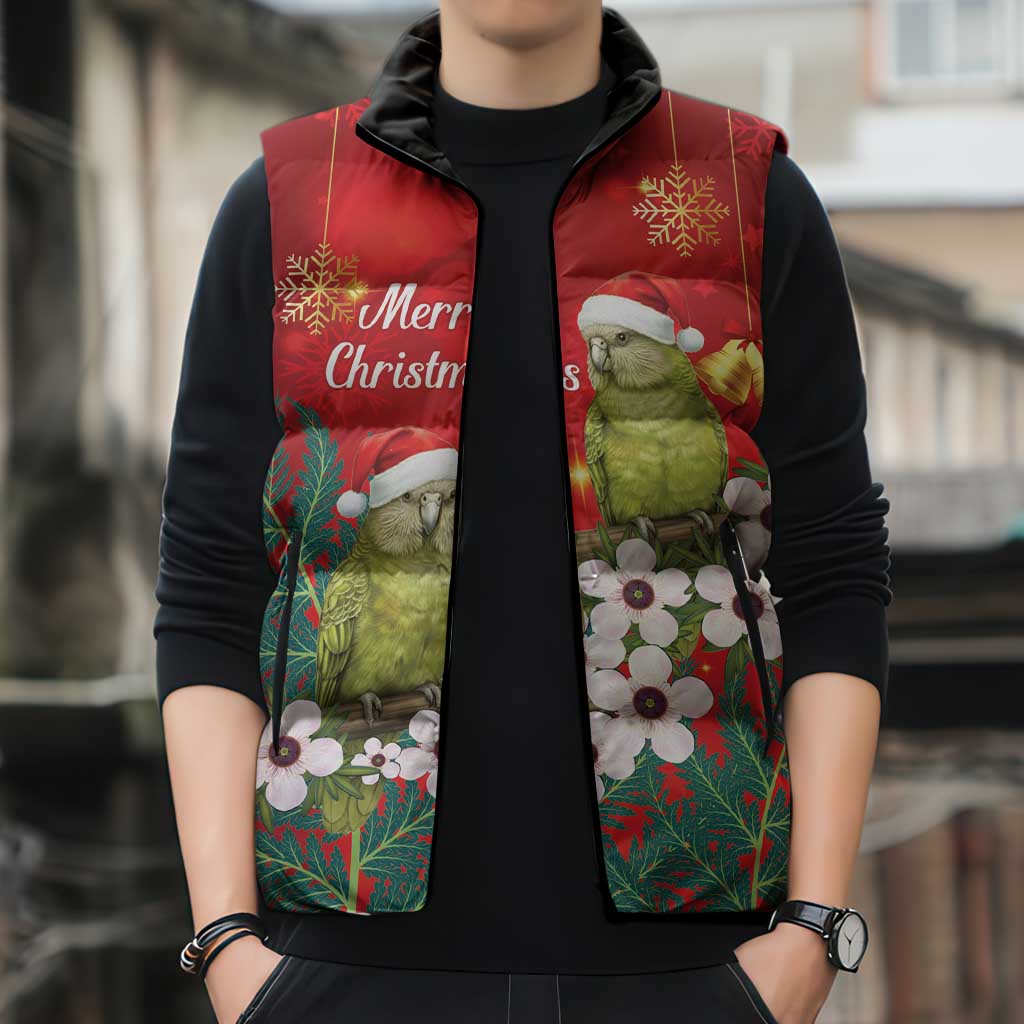 New Zealand Kakapo Christmas Sleeveless Puffer Jacket Owl Parrot Santa Sliver Fern Manuka - Red - Polynesian Pride