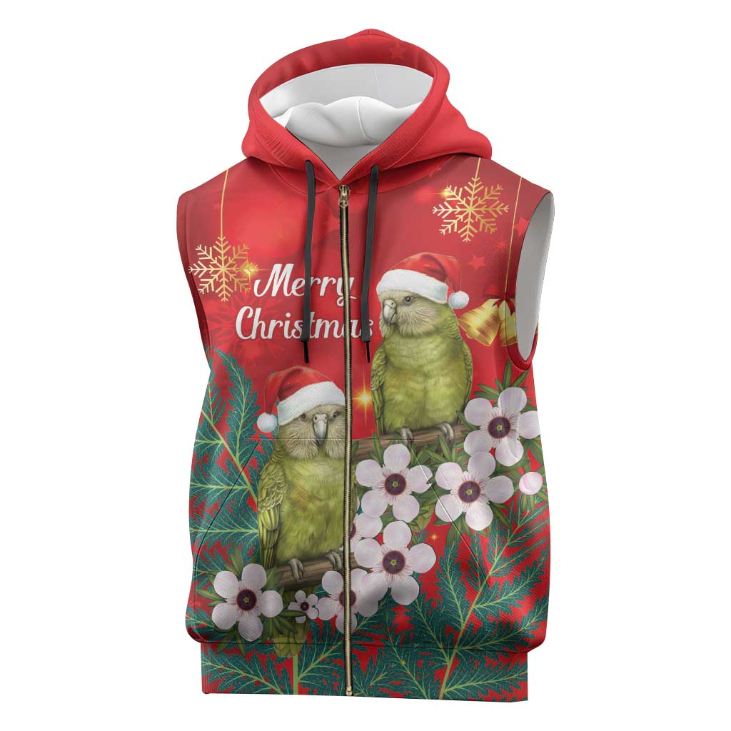 New Zealand Kakapo Christmas Sleeveless Zip Hoodie Owl Parrot Santa Sliver Fern Manuka - Red - Polynesian Pride