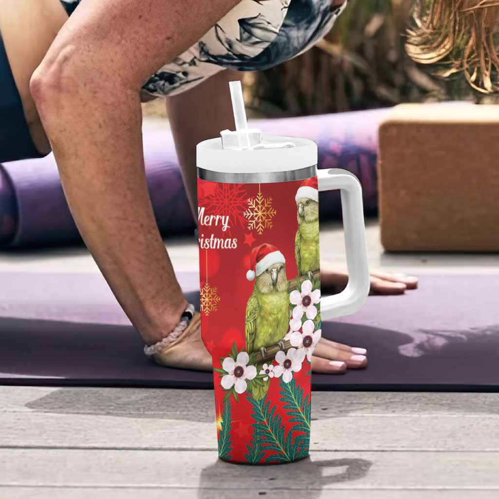 New Zealand Kakapo Christmas Tumbler With Handle Owl Parrot Santa Sliver Fern Manuka - Red - Polynesian Pride