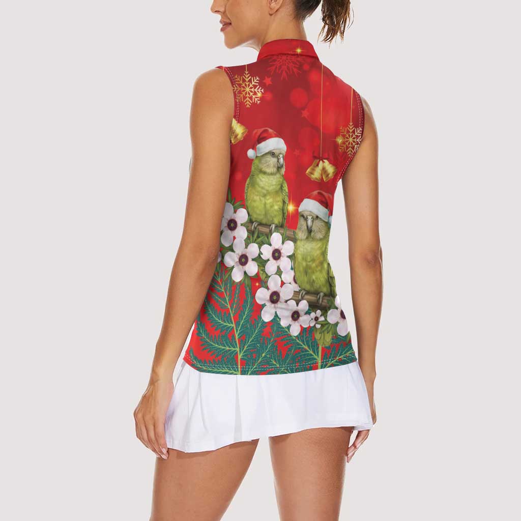 New Zealand Kakapo Christmas Women Sleeveless Polo Shirt Owl Parrot Santa Sliver Fern Manuka - Red LT14 - Polynesian Pride