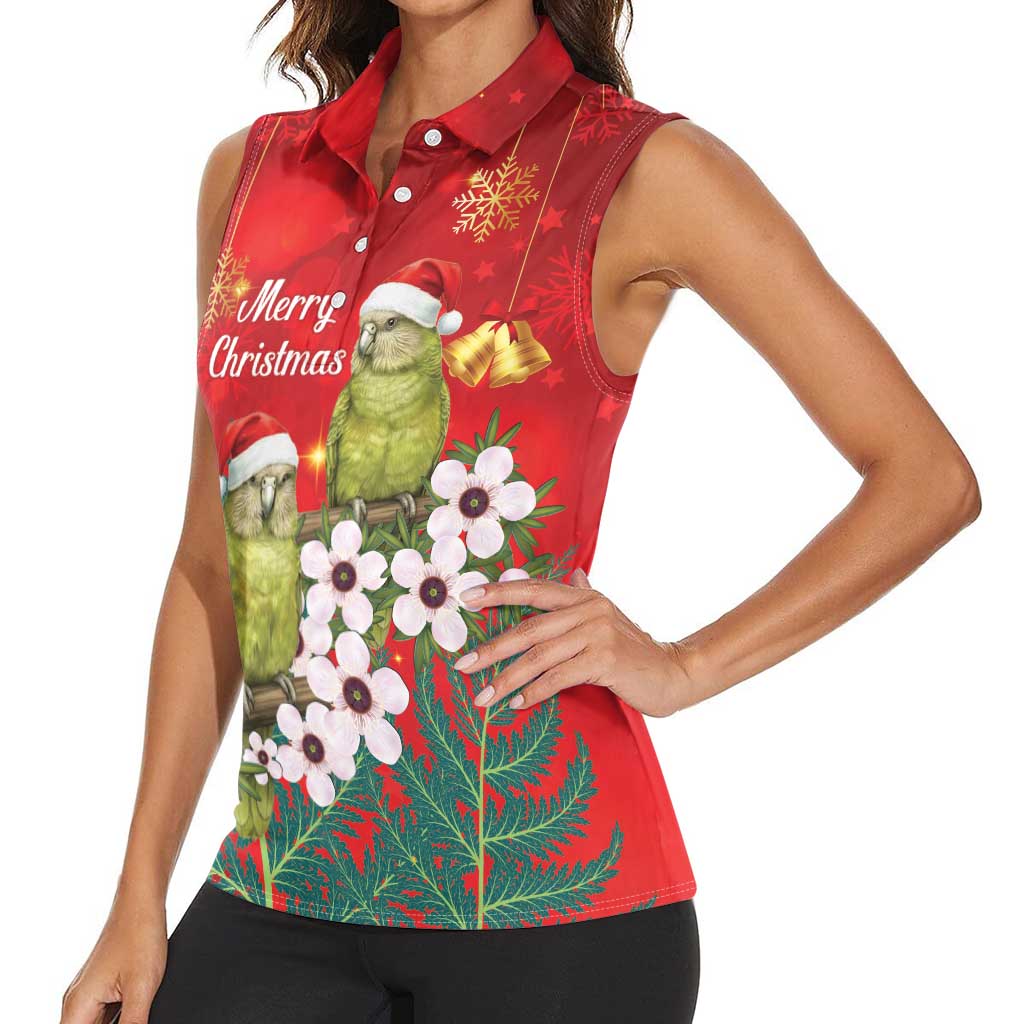 New Zealand Kakapo Christmas Women Sleeveless Polo Shirt Owl Parrot Santa Sliver Fern Manuka - Red LT14 - Polynesian Pride