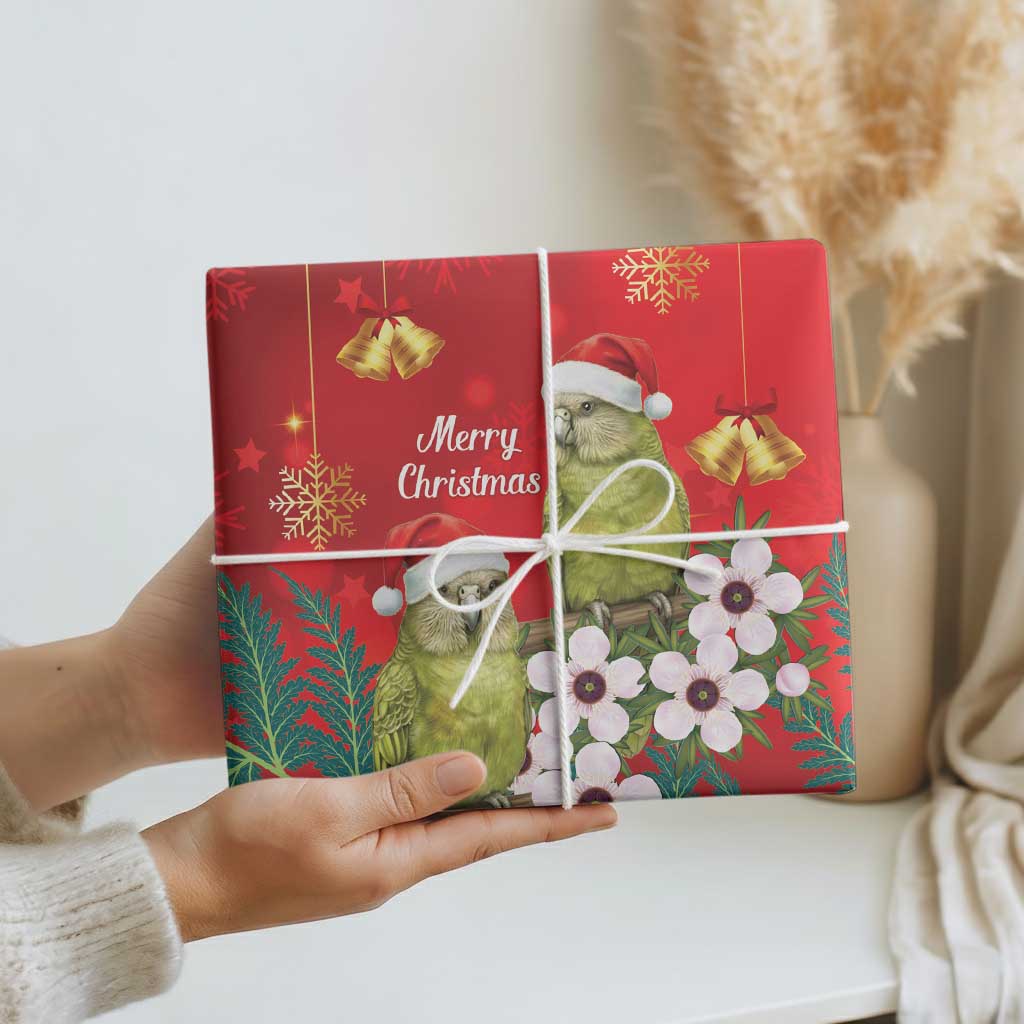 New Zealand Kakapo Christmas Wrapping Paper Owl Parrot Santa Sliver Fern Manuka - Red - Polynesian Pride
