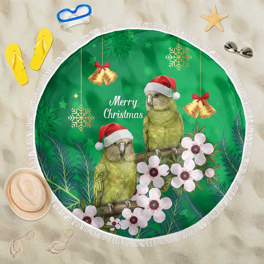 New Zealand Kakapo Christmas Beach Blanket Owl Parrot Santa Sliver Fern Manuka - Green - Polynesian Pride
