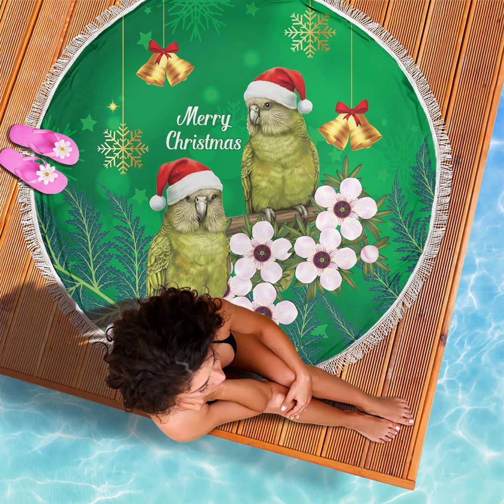 New Zealand Kakapo Christmas Beach Blanket Owl Parrot Santa Sliver Fern Manuka - Green - Polynesian Pride