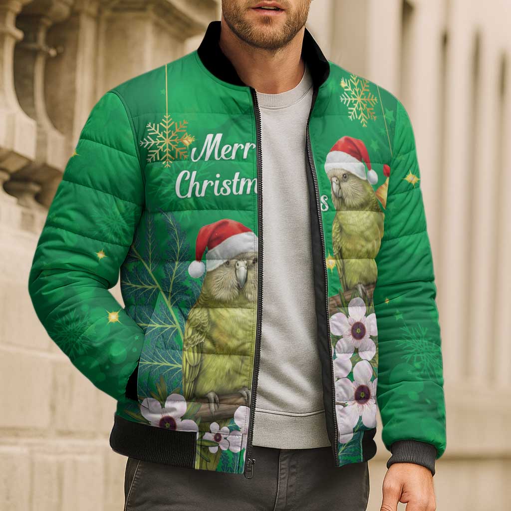 New Zealand Kakapo Christmas Bomber Puffer Jacket Owl Parrot Santa Sliver Fern Manuka - Green - Polynesian Pride
