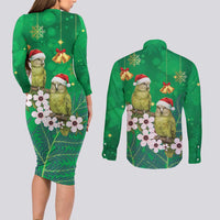 New Zealand Kakapo Christmas Couples Matching Long Sleeve Bodycon Dress and Long Sleeve Button Shirt Owl Parrot Santa Sliver Fern Manuka - Green - Polynesian Pride