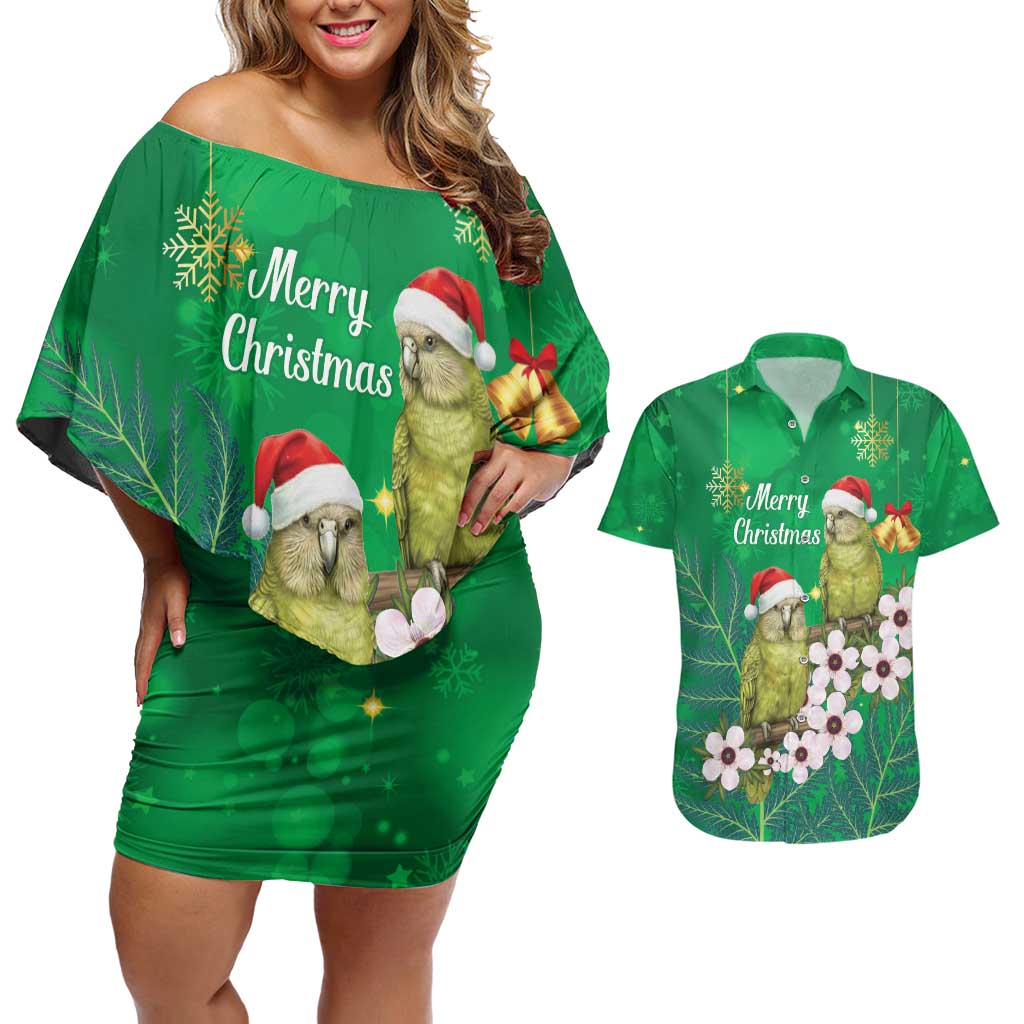 New Zealand Kakapo Christmas Couples Matching Off Shoulder Short Dress and Hawaiian Shirt Owl Parrot Santa Sliver Fern Manuka - Green - Polynesian Pride