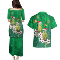 New Zealand Kakapo Christmas Couples Matching Puletasi and Hawaiian Shirt Owl Parrot Santa Sliver Fern Manuka - Green - Polynesian Pride