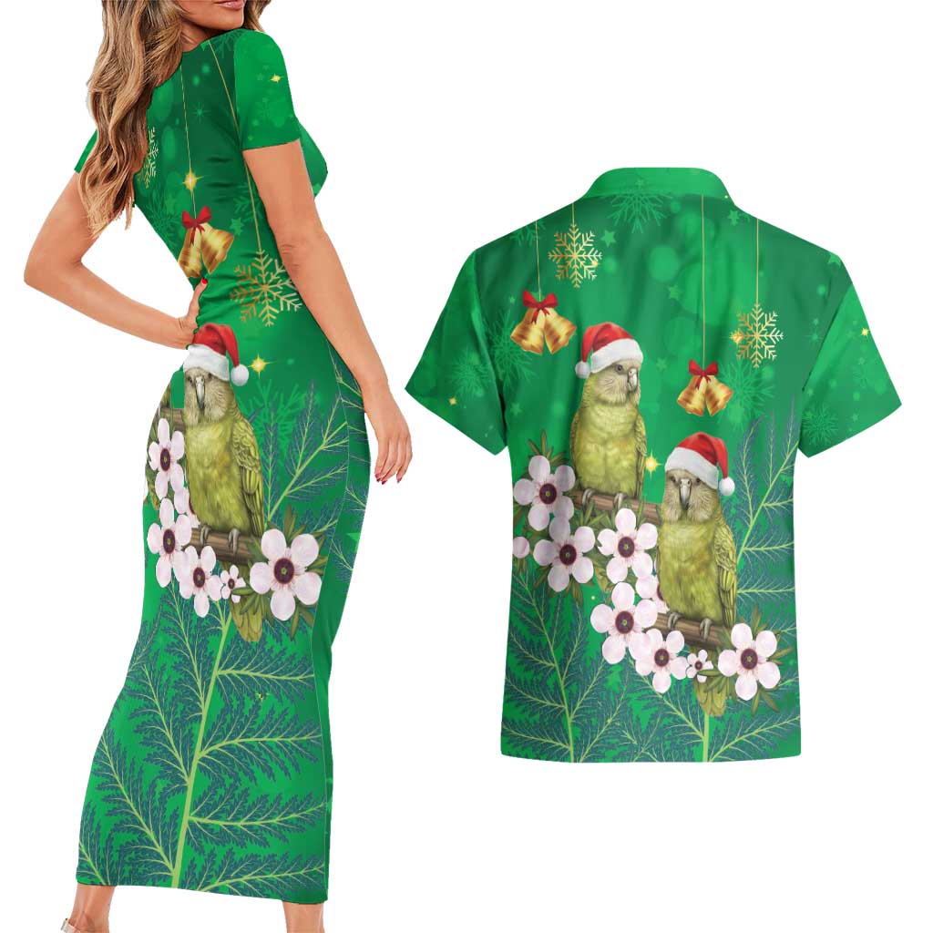 New Zealand Kakapo Christmas Couples Matching Short Sleeve Bodycon Dress and Hawaiian Shirt Owl Parrot Santa Sliver Fern Manuka - Green - Polynesian Pride