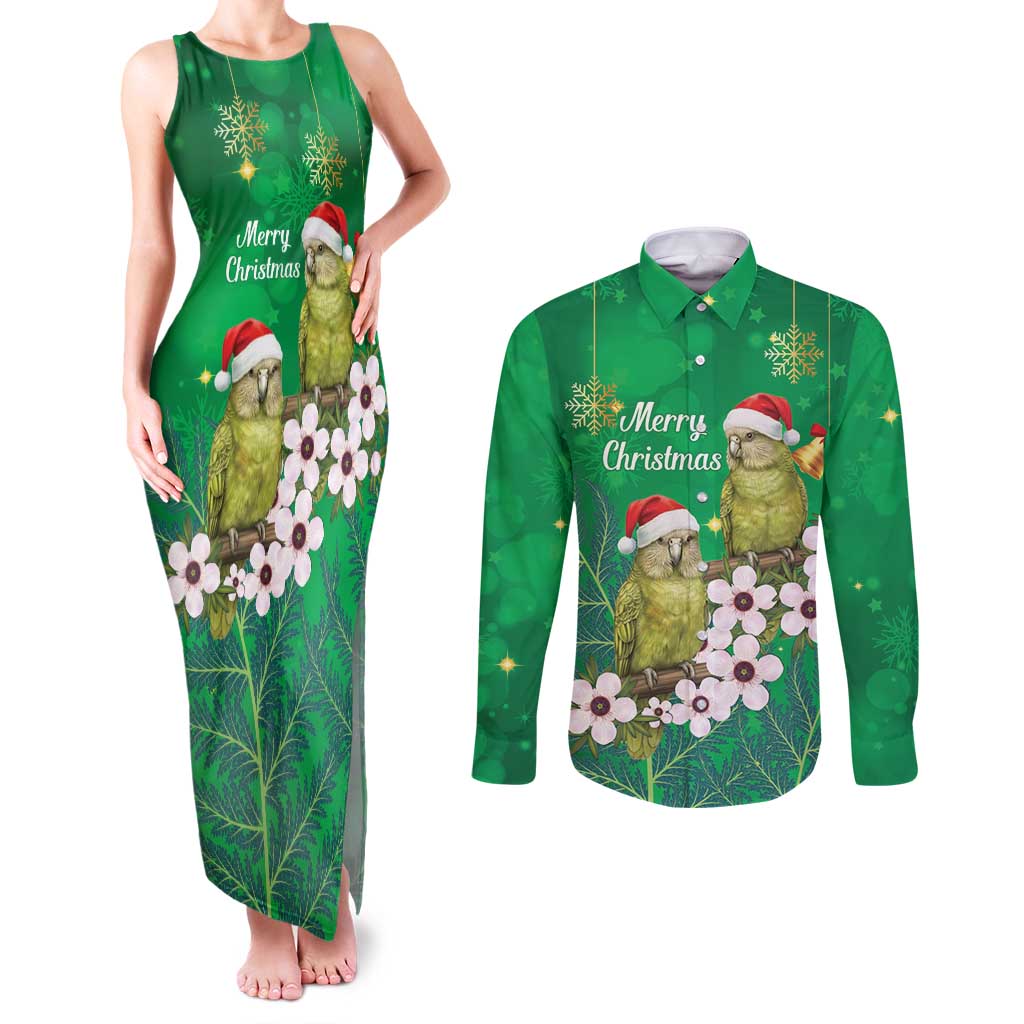 New Zealand Kakapo Christmas Couples Matching Tank Maxi Dress and Long Sleeve Button Shirt Owl Parrot Santa Sliver Fern Manuka - Green - Polynesian Pride