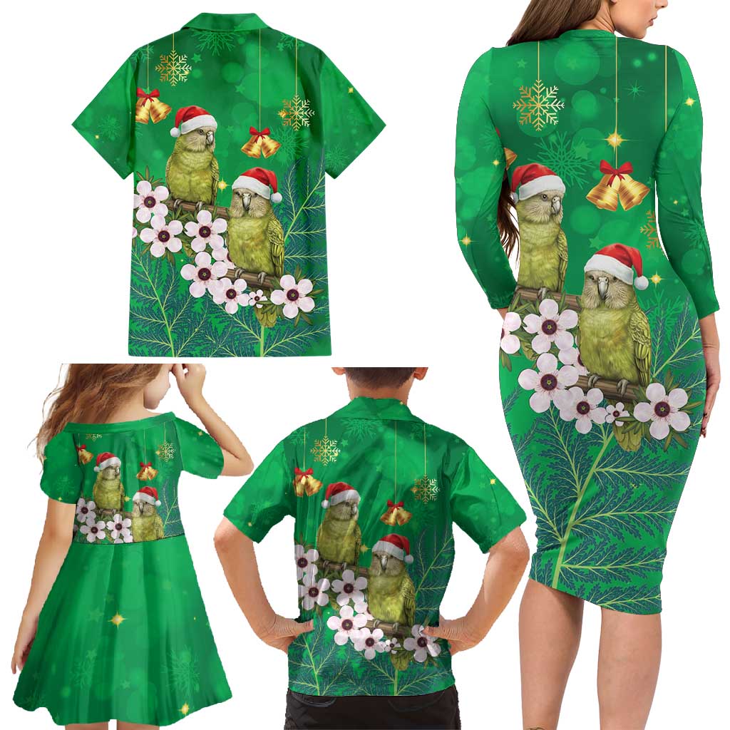 New Zealand Kakapo Christmas Family Matching Long Sleeve Bodycon Dress and Hawaiian Shirt Owl Parrot Santa Sliver Fern Manuka - Green - Polynesian Pride