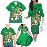 New Zealand Kakapo Christmas Family Matching Off The Shoulder Long Sleeve Dress and Hawaiian Shirt Owl Parrot Santa Sliver Fern Manuka - Green - Polynesian Pride