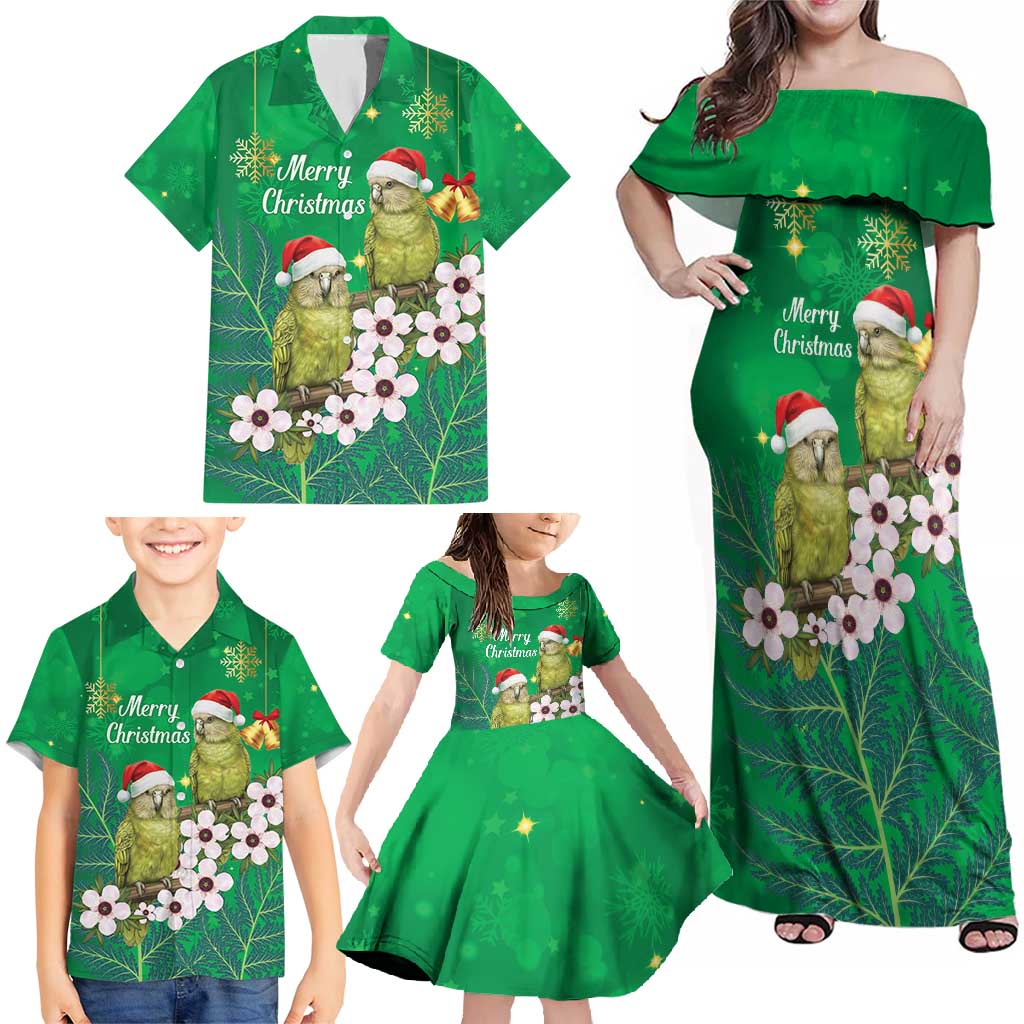 New Zealand Kakapo Christmas Family Matching Off Shoulder Maxi Dress and Hawaiian Shirt Owl Parrot Santa Sliver Fern Manuka - Green - Polynesian Pride
