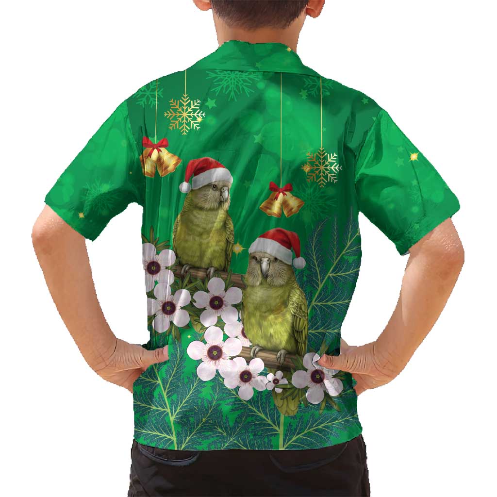 New Zealand Kakapo Christmas Family Matching Off Shoulder Short Dress and Hawaiian Shirt Owl Parrot Santa Sliver Fern Manuka - Green - Polynesian Pride