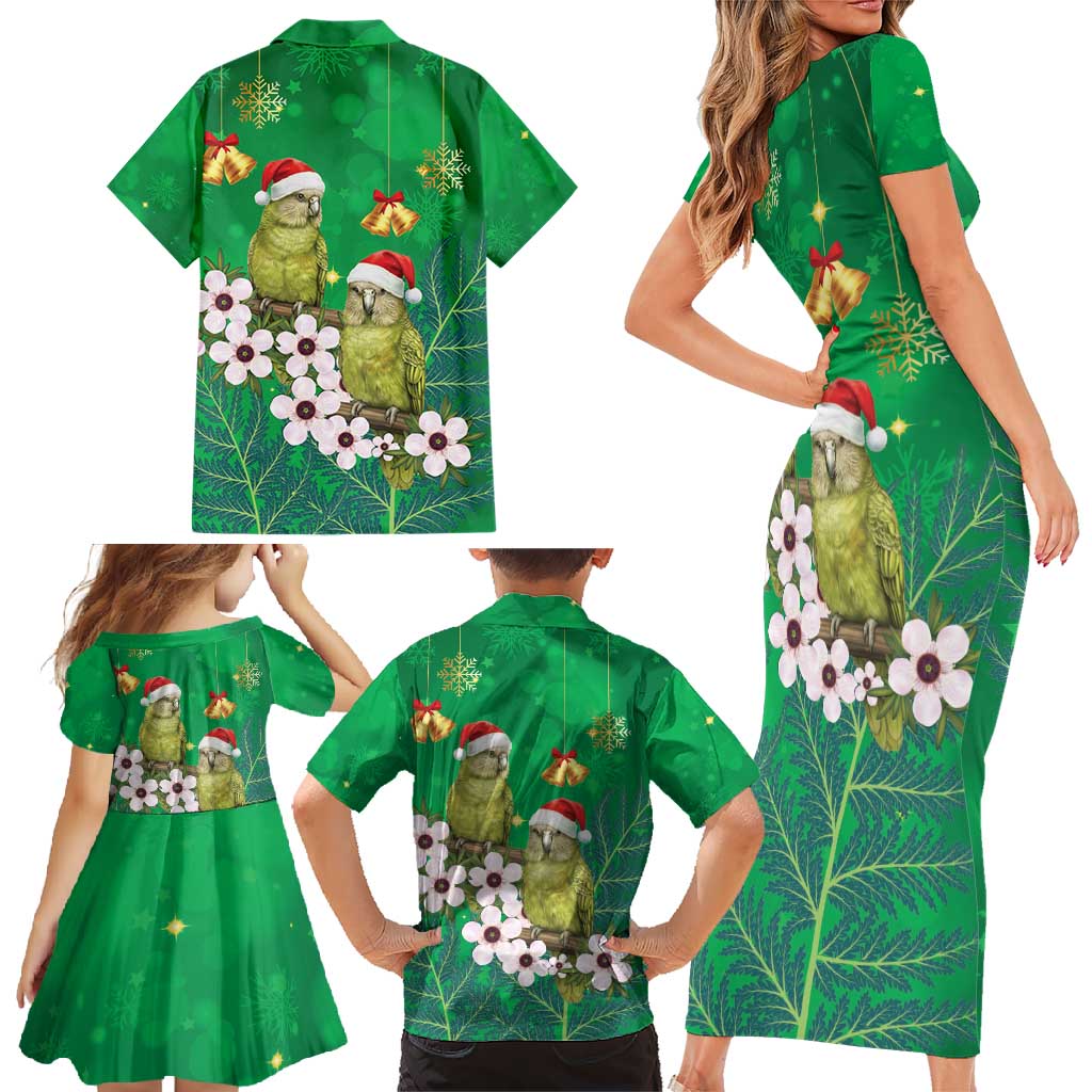 New Zealand Kakapo Christmas Family Matching Short Sleeve Bodycon Dress and Hawaiian Shirt Owl Parrot Santa Sliver Fern Manuka - Green - Polynesian Pride