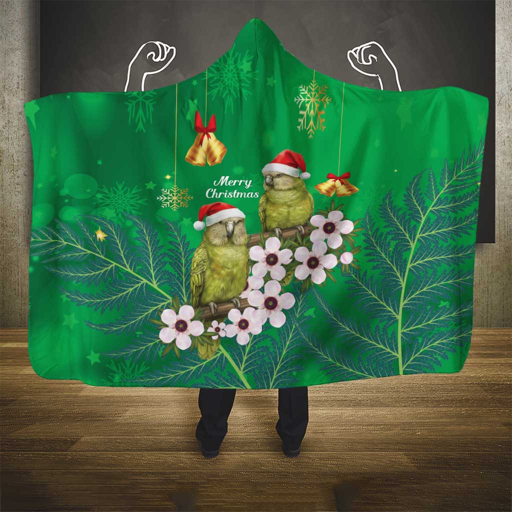New Zealand Kakapo Christmas Hooded Blanket Owl Parrot Santa Sliver Fern Manuka - Green - Polynesian Pride