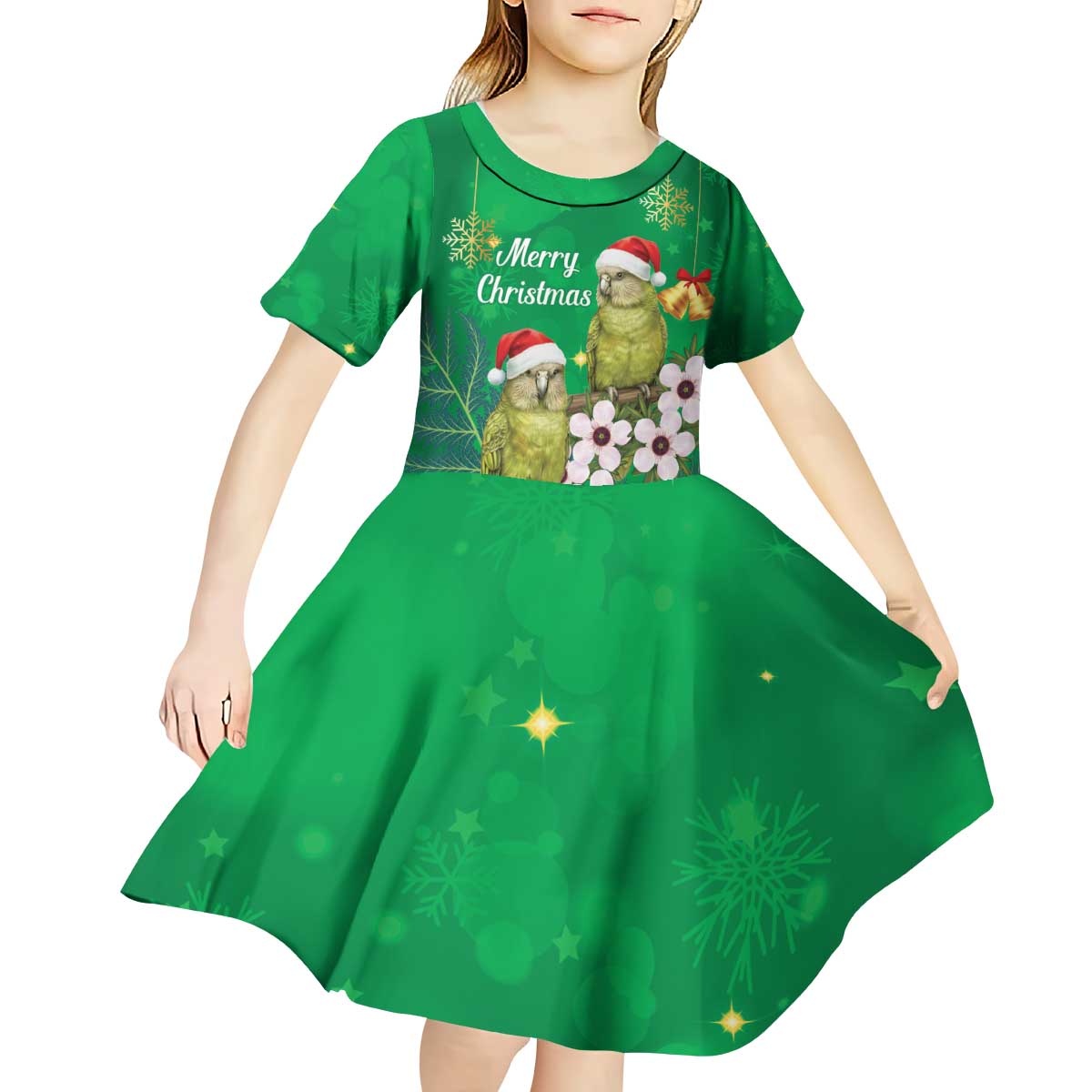 New Zealand Kakapo Christmas Kid Short Sleeve Dress Owl Parrot Santa Sliver Fern Manuka - Green - Polynesian Pride