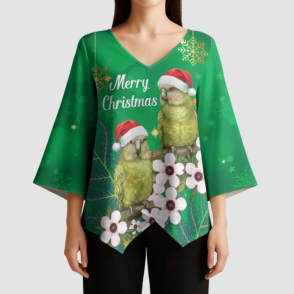 New Zealand Kakapo Christmas Kimono Sleeve Blouse Owl Parrot Santa Sliver Fern Manuka - Green - Polynesian Pride
