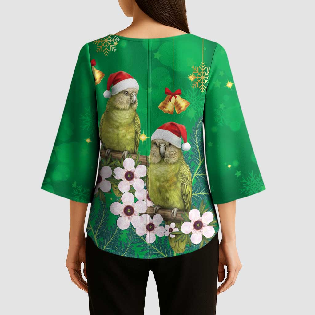 New Zealand Kakapo Christmas Kimono Sleeve Blouse Owl Parrot Santa Sliver Fern Manuka - Green - Polynesian Pride