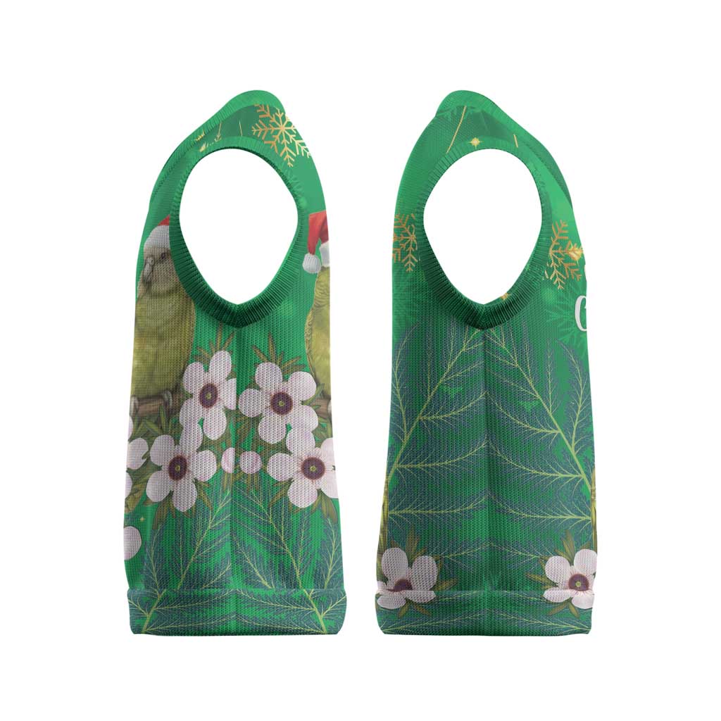 New Zealand Kakapo Christmas Knitted V-Neck Vest Owl Parrot Santa Sliver Fern Manuka - Green - Polynesian Pride