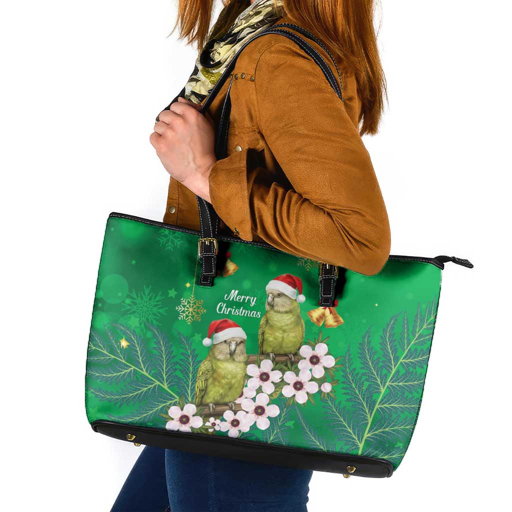 New Zealand Kakapo Christmas Leather Tote Bag Owl Parrot Santa Sliver Fern Manuka - Green - Polynesian Pride