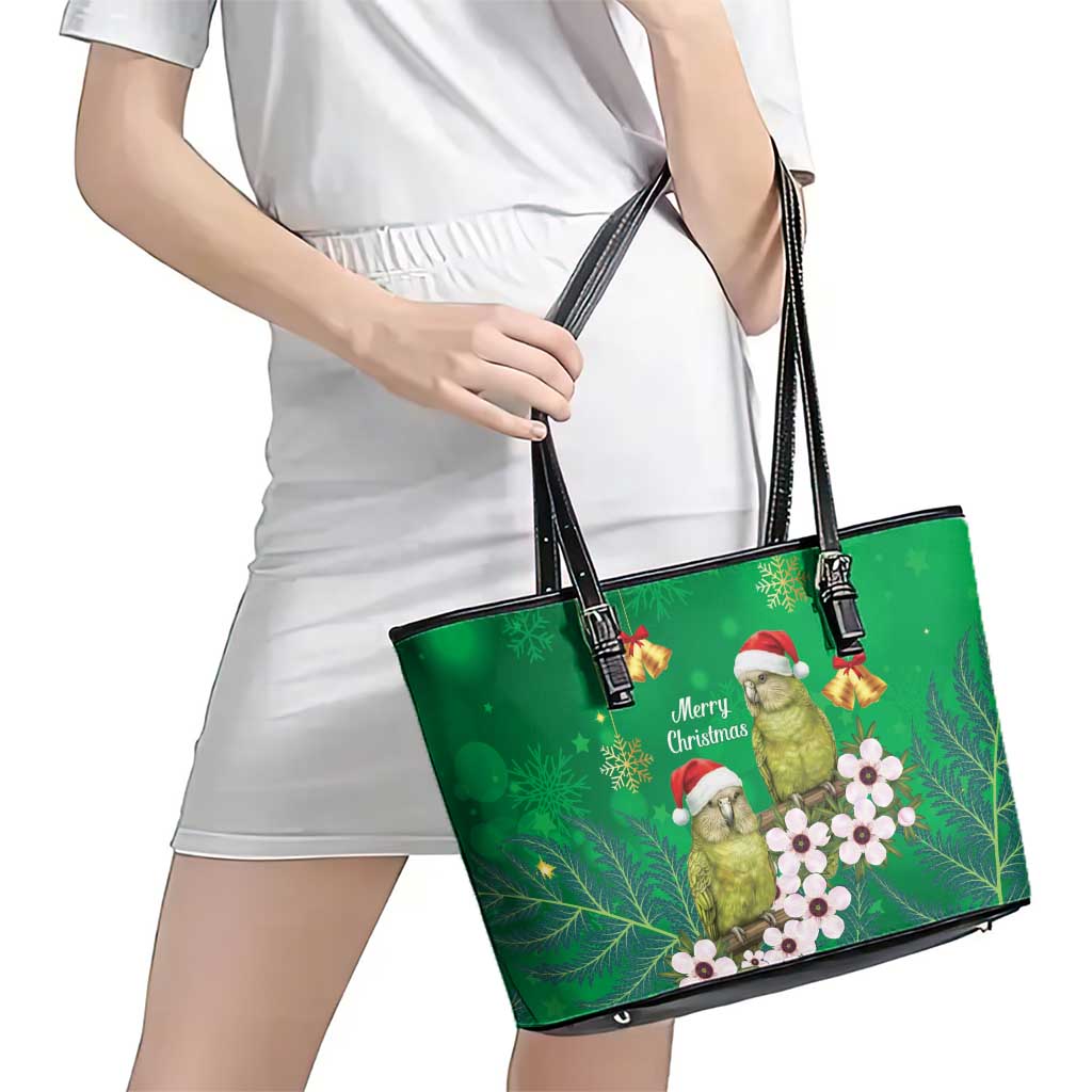 New Zealand Kakapo Christmas Leather Tote Bag Owl Parrot Santa Sliver Fern Manuka - Green - Polynesian Pride