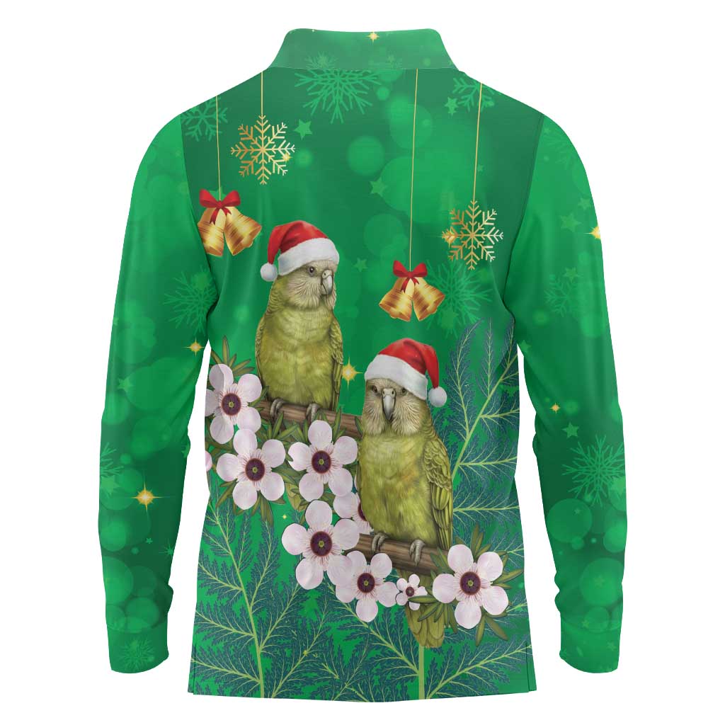 New Zealand Kakapo Christmas Long Sleeve Polo Shirt Owl Parrot Santa Sliver Fern Manuka - Green - Polynesian Pride