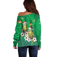 New Zealand Kakapo Christmas Off Shoulder Sweater Owl Parrot Santa Sliver Fern Manuka - Green - Polynesian Pride